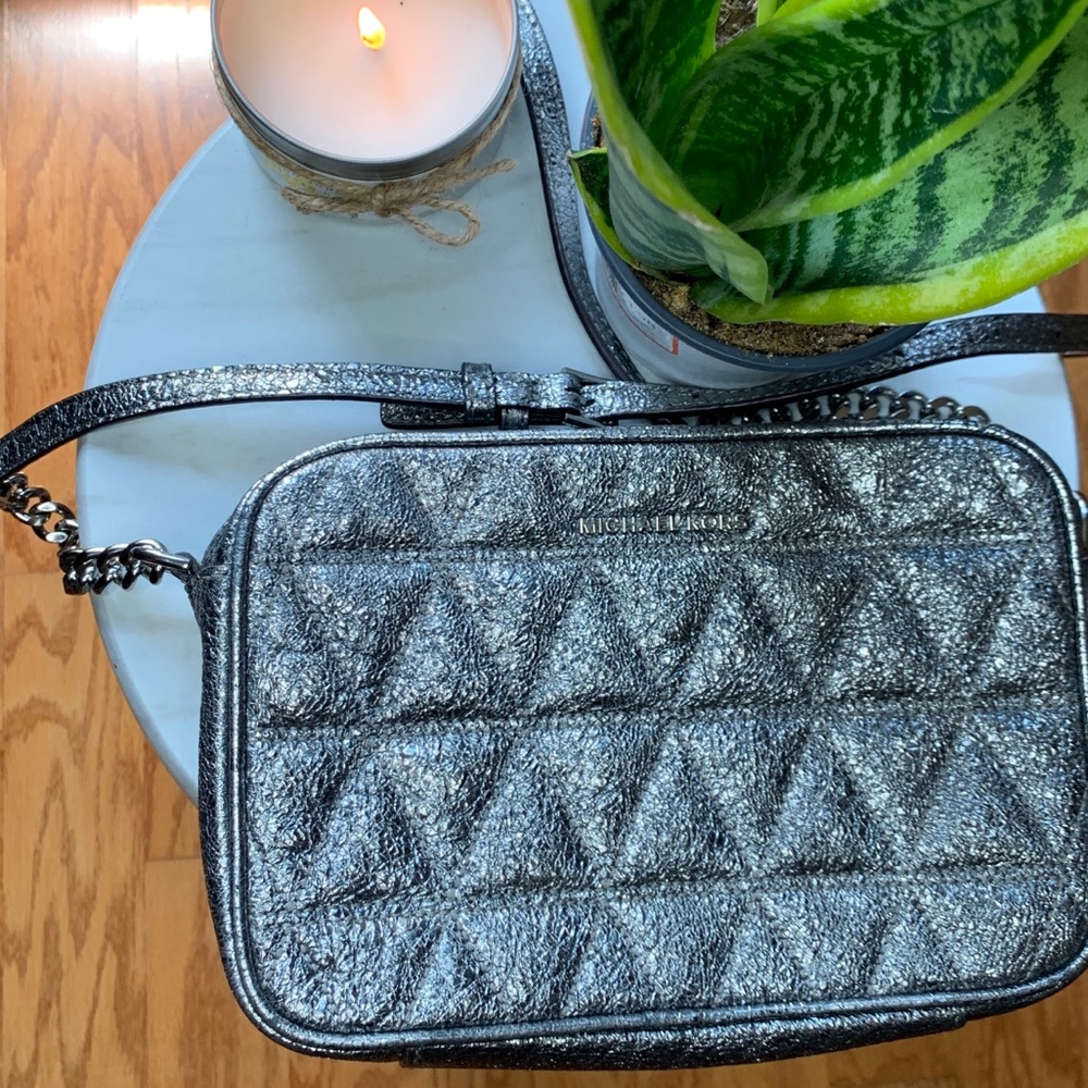 Michael Kors metallic gray cross body purse